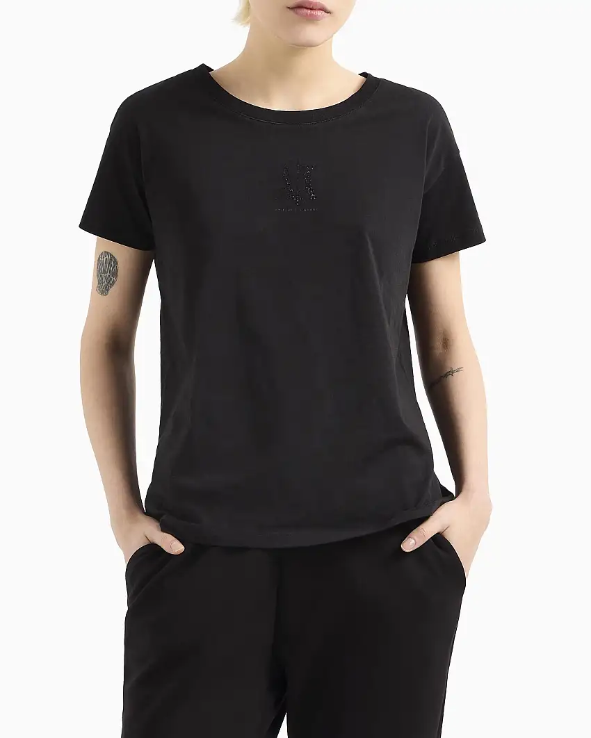T-shirt nera relaxed-fit in jersey di puro cotone con logo piccolo in strass centrale sul petto