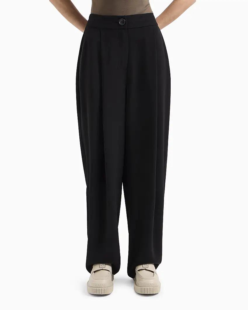 Pantaloni balloon neri ampi in tela con pinces frontali