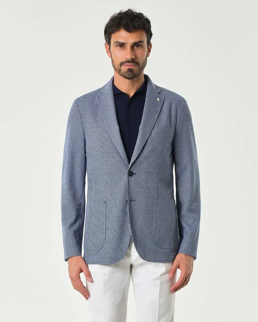 Blazer micro pied de poule blu e bianco in viscosa stretch