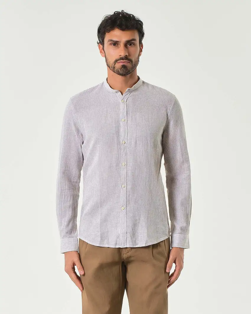 Camicia coreana in fantasia bastoncino bianco e noce di misto lino e cotone