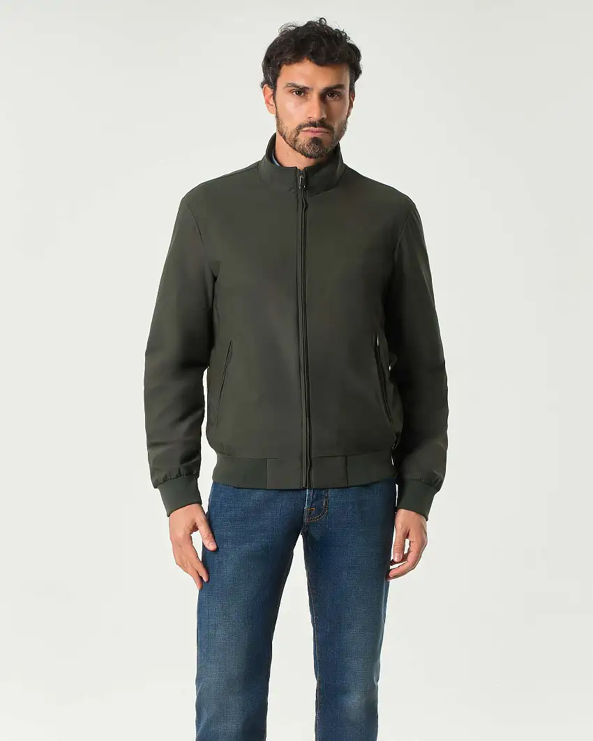 Bomber verde militare in tessuto tecnico stretch
