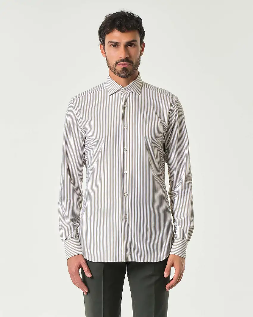 Camicia bastoncino bianco e beige in tessuto tecnico active tailor fit