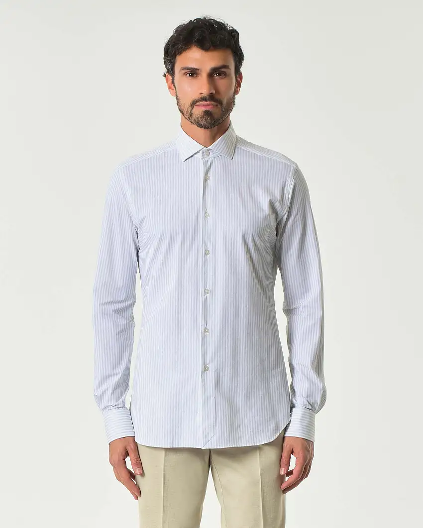 Camicia bastoncino bianco e grigio in tessuto tecnico active tailor fit