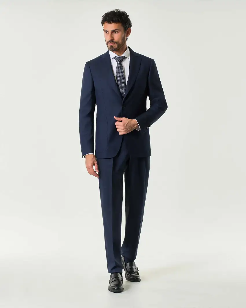 Abito drop7 blu indaco in tela di pura lana con rever a lancia