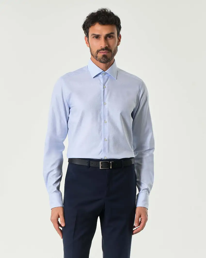 Camicia azzurra micro quadretto in puro cotone tailor fit
