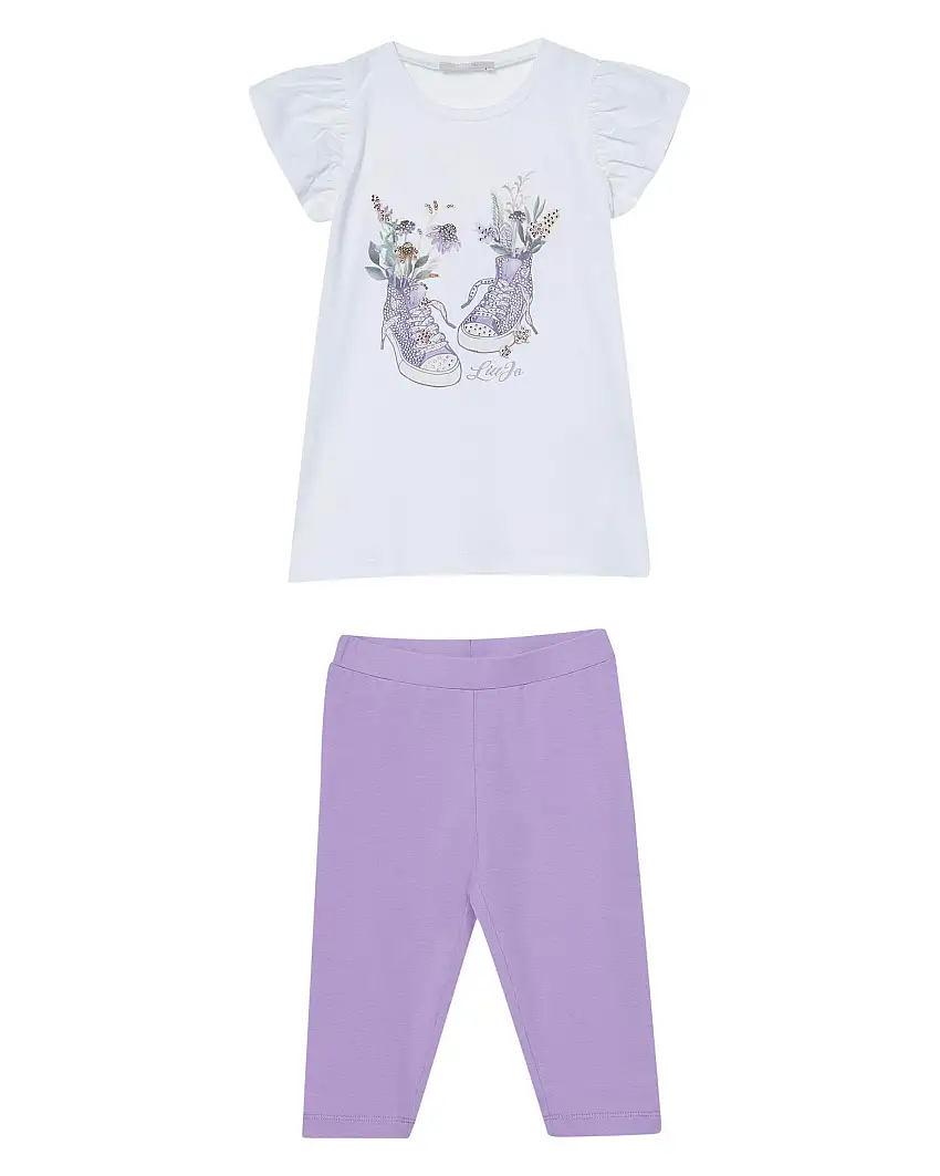 Completo t-shirt bianca e leggins lilla con stampa scarpe e fiori con strass