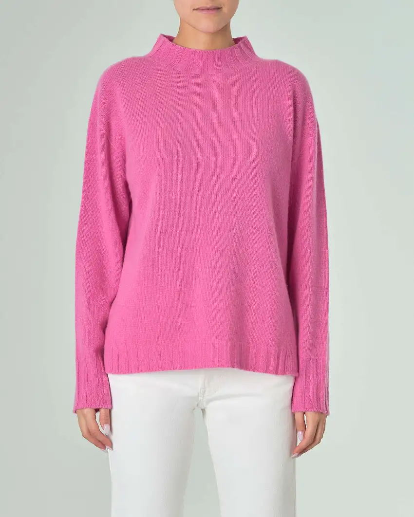 Maglia lupetto rosa bubble in pura lana con spacchi laterali e fondo posteriore più lungo