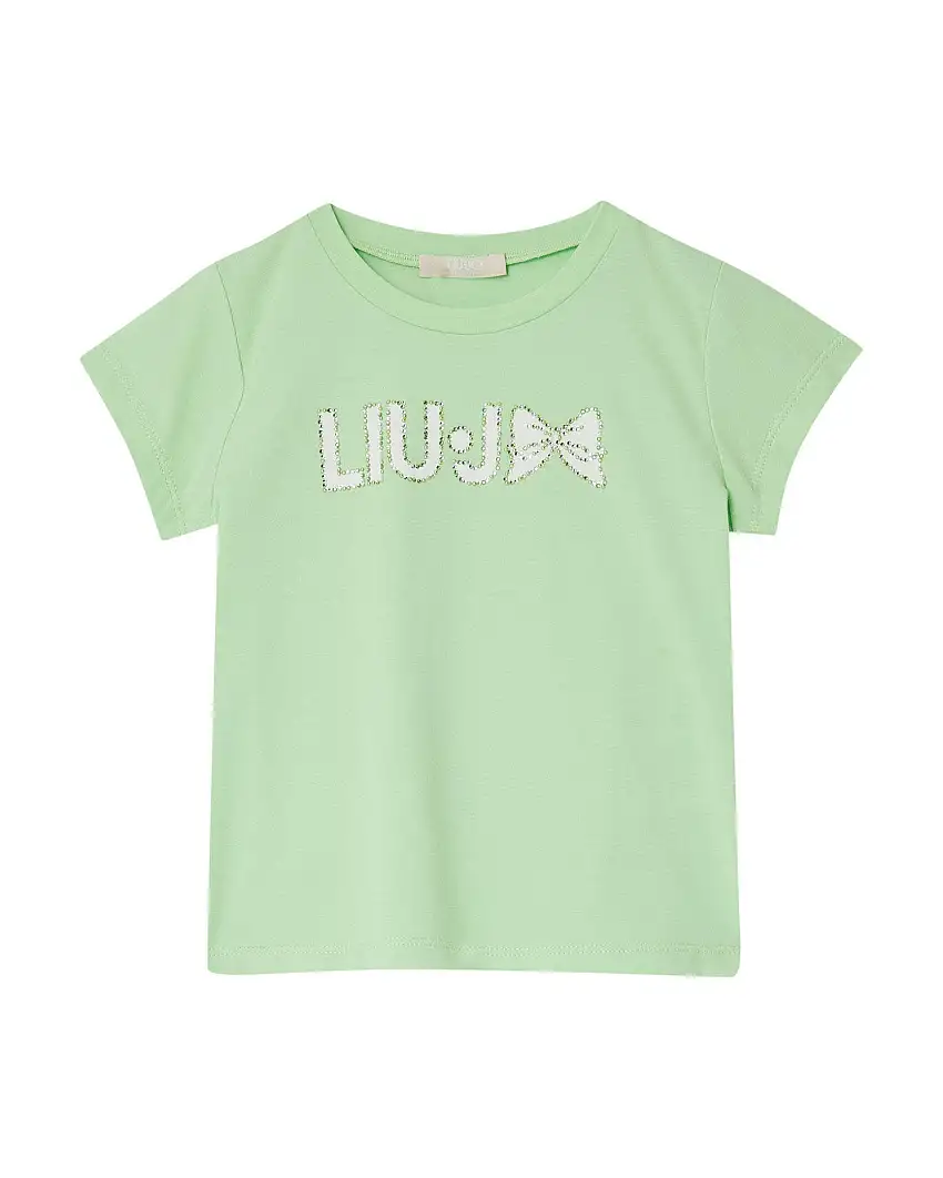 T-shirt verde mela mezza manica con logo e fiocco in strass
