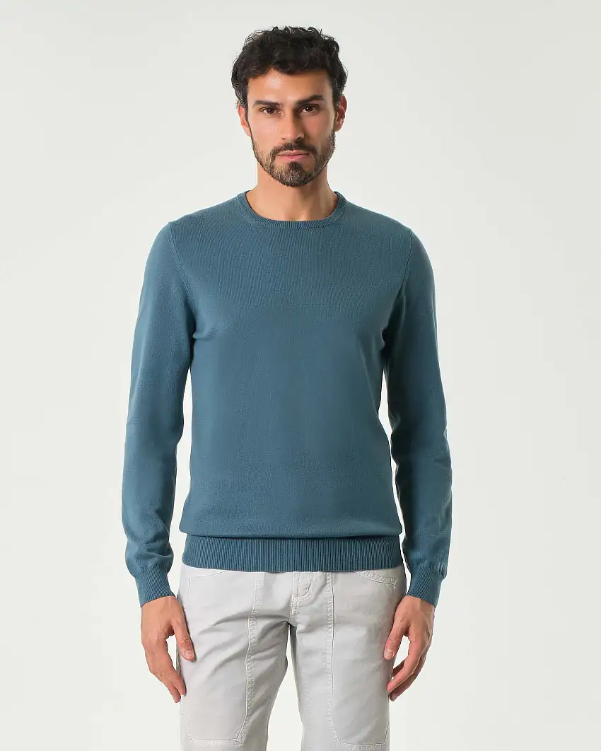 Maglia girocollo ottanio in puro cotone made in Italy