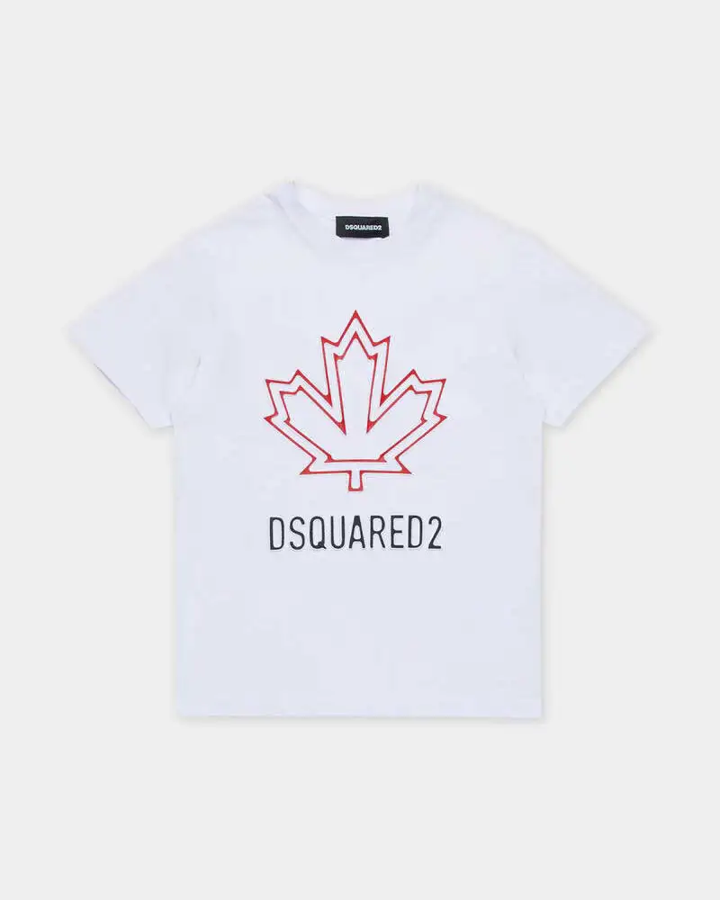 T-shirt Dsquared bianca mezza manica con foglia d'acero rossa e logo nero