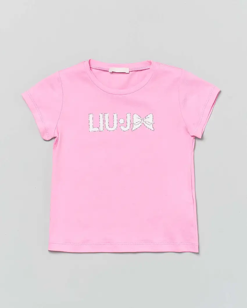 T-shirt rosa mezza manica con logo e fiocco in strass