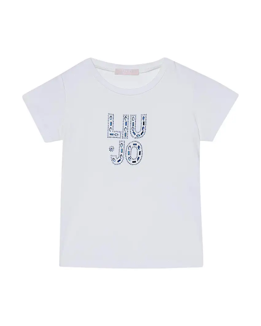 T-shirt bianca mezza manica con logo in perline e strass