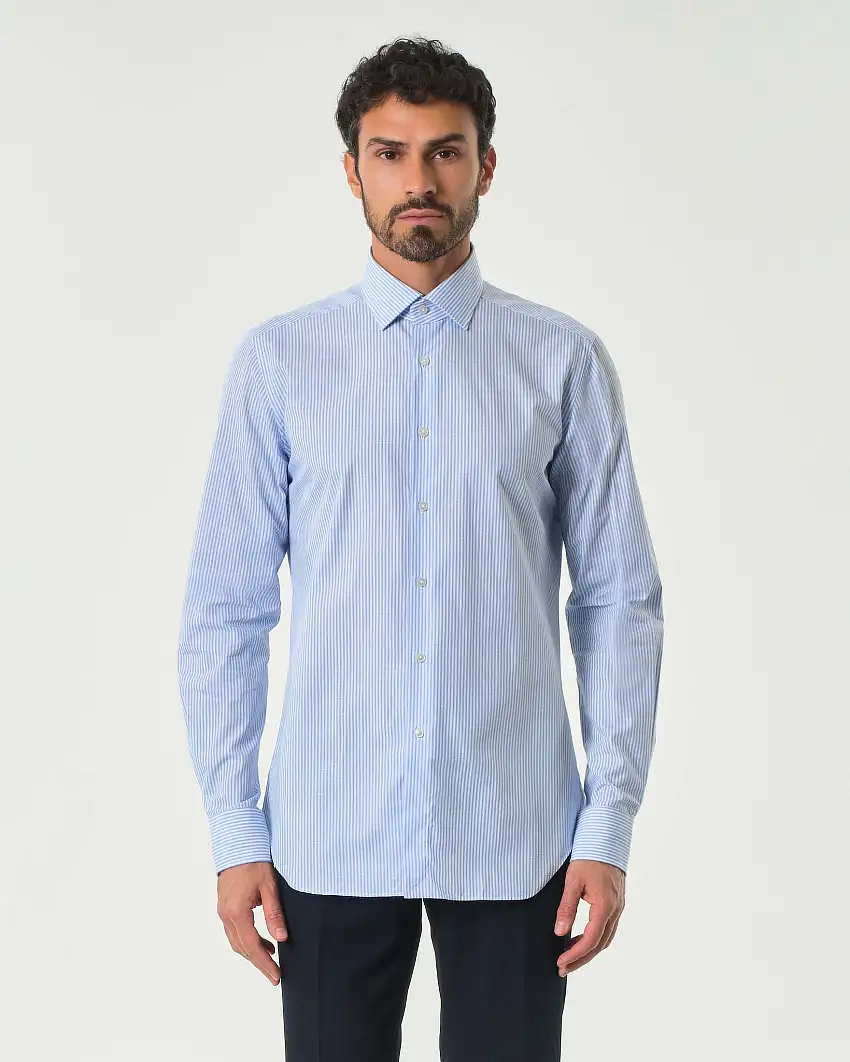 Camicia bastoncino bianco azzurro in puro cotone tailor fit