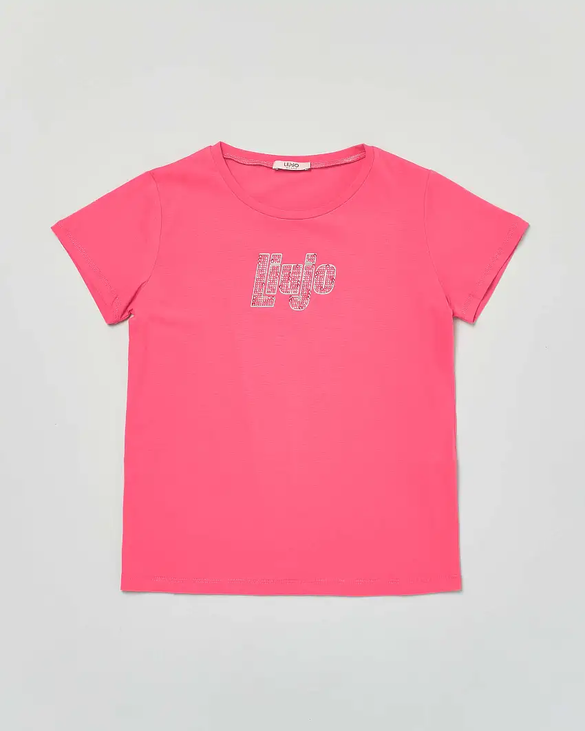 T-shirt fucsia mezza manica in cotone stretch con logo in strass