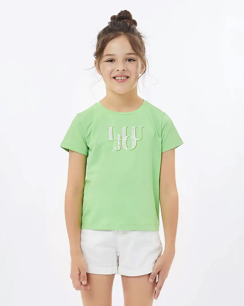 T-shirt verde mela mezza manica con logo in strass