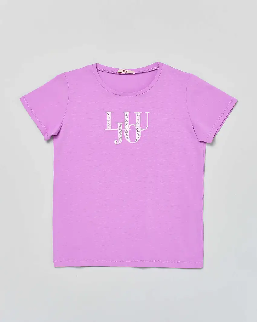 T-shirt lilla mezza manica con logo in strass