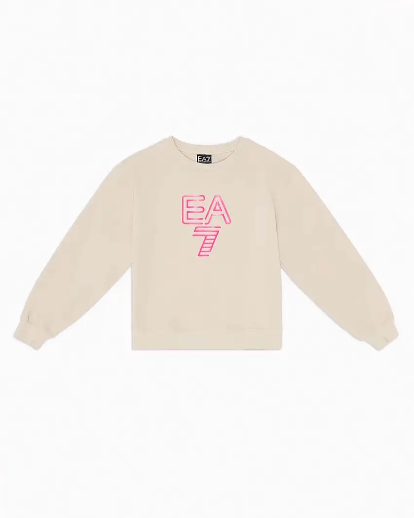 Felpa beige girocollo in cotone stretch a maniche lunghe con logo fucsia