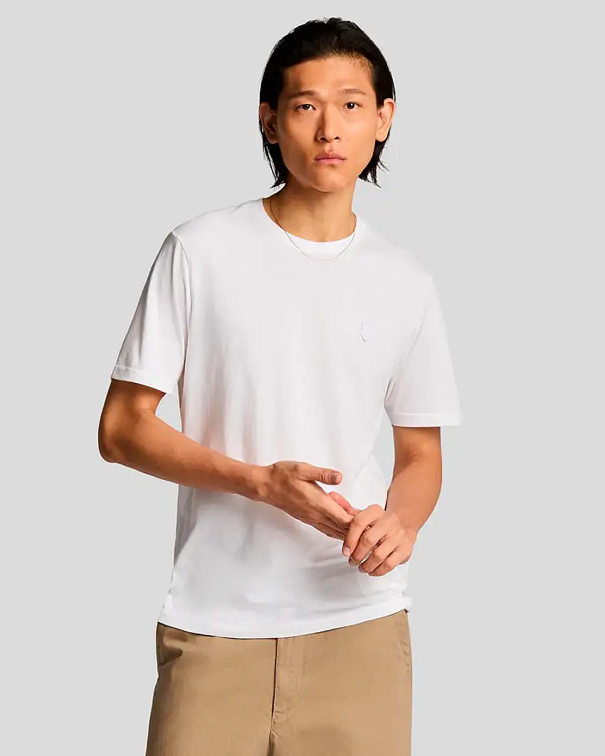 T-shirt bianca mezza manica in puro cotone con logo aquila tono su tono ricamata sul petto