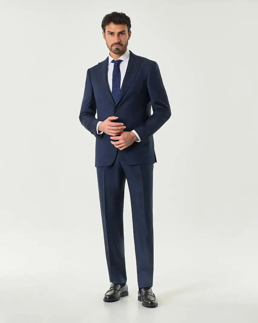 Abito drop6 blu indaco in tela di pura lana con rever a lancia