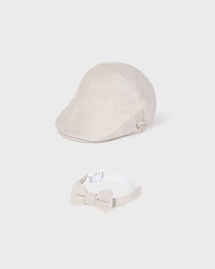 Set coppola e papillon beige in misto cotone e lino