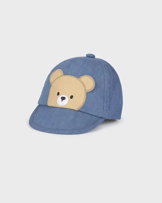Berretto con frontino in denim e maxi orsetto ricamato