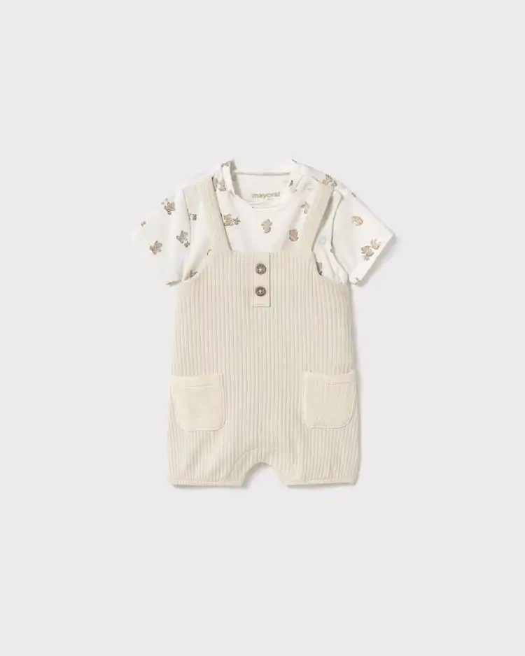 Tutina color panna con salopette a costine e fantasia animaletti