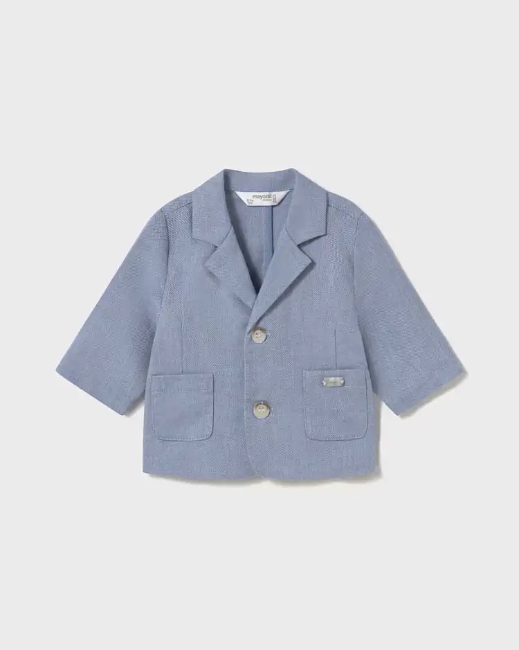 Blazer color avio in cotone e lino micro fantasia con rever classico