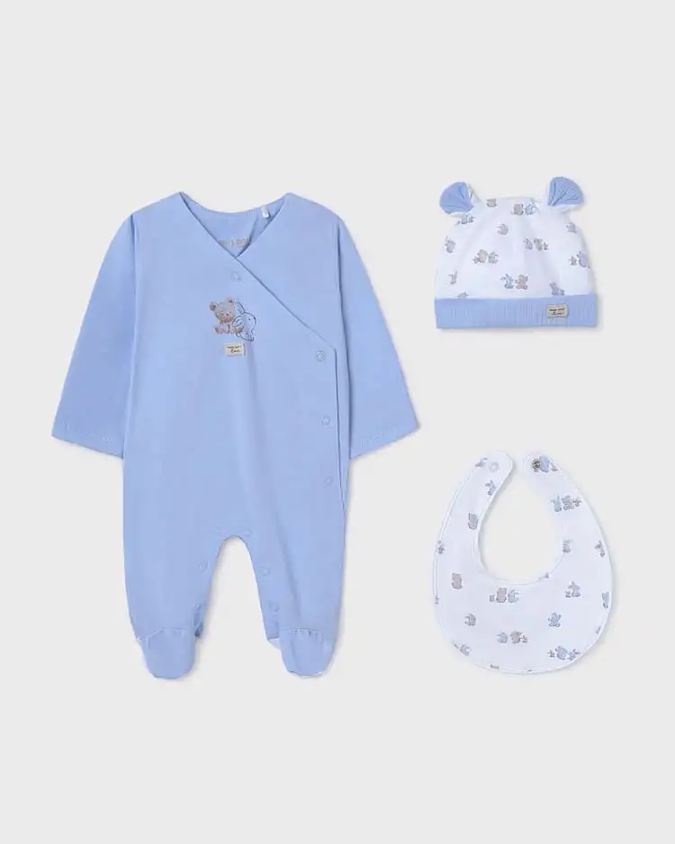 Set tutina cappellino e bavaglino azzurro e bianco con fantasia animaletti