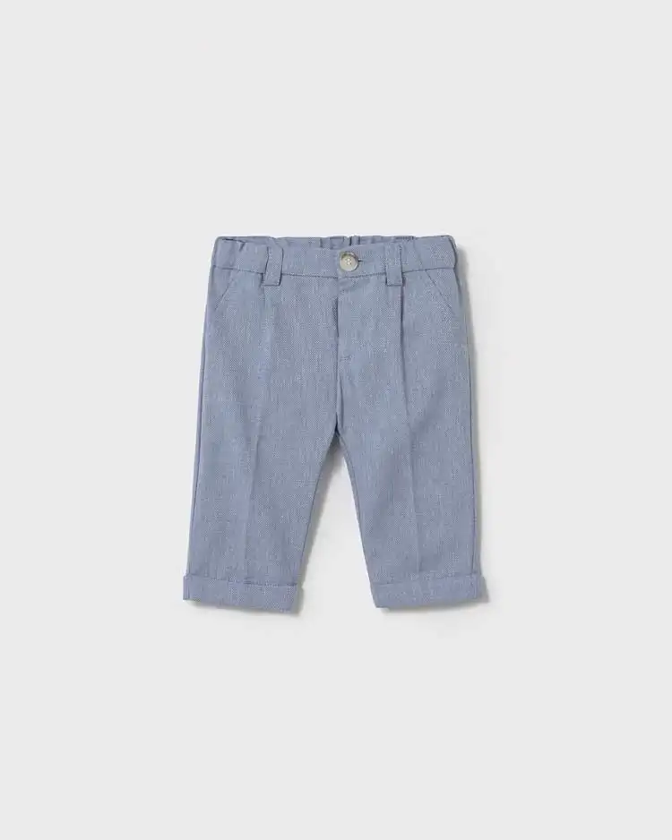 Pantalone color avio in misto cotone e lino a gamba dritta