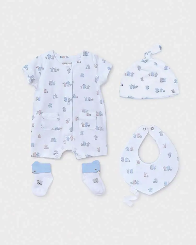 Tutina bianca e azzurra con set 3 pezzi bavaglino calzini e cappellino coordinati