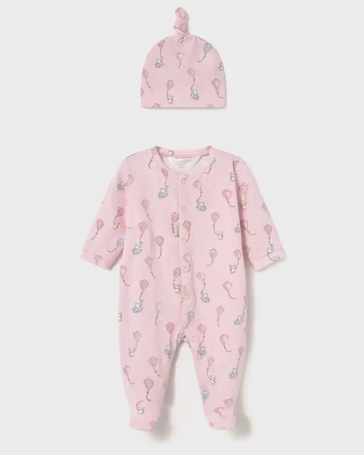 Set tutina rosa in jersey di cotone con cappellino abbinato in fantasia aquiloni