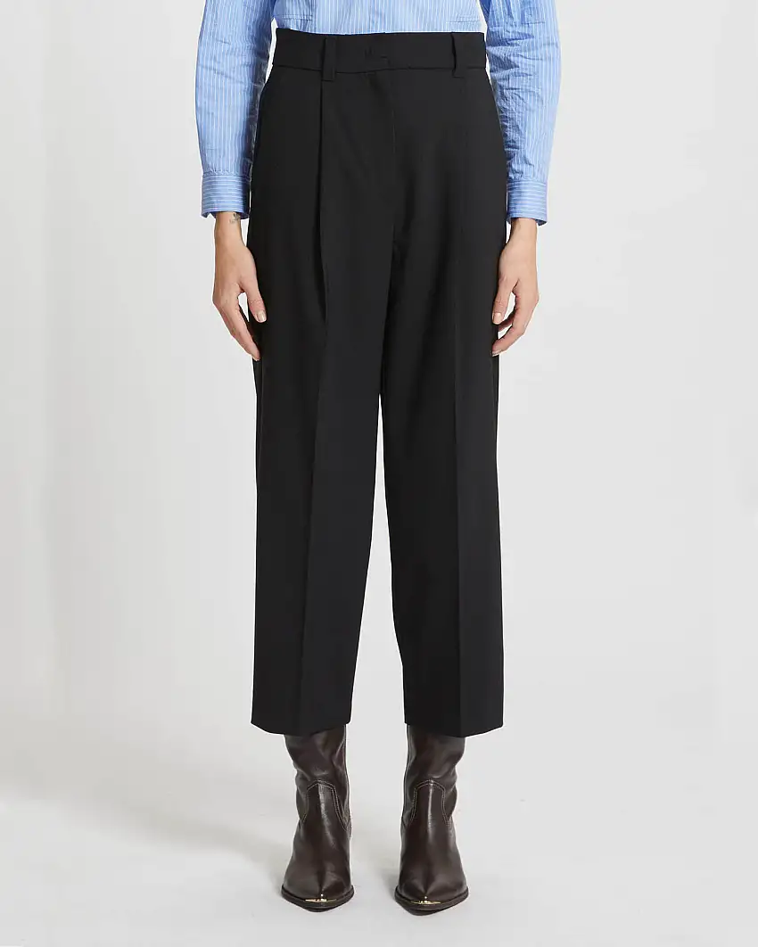 Pantaloni neri in misto lana vergine con pinces in vita