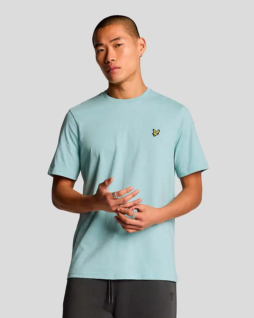 T-shirt acqua mezza manica in cotone con logo aquila gialla ricamata sul petto