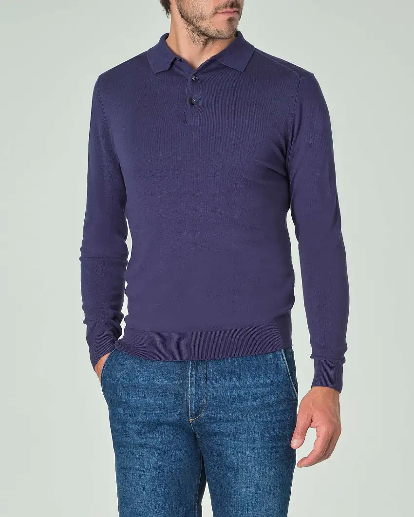 Polo manica lunga Paul Baker blu indaco in maglia di viscosa