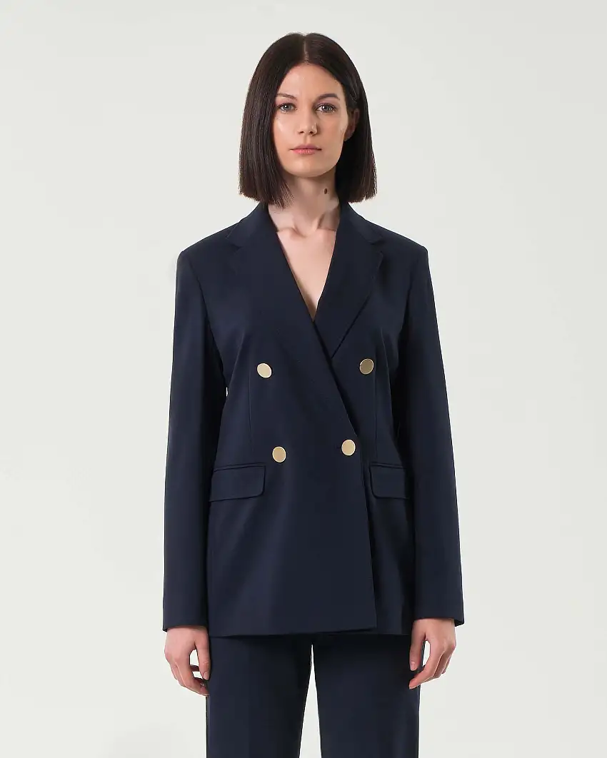 Blazer doppiopetto blu in jersey punto Milano con bottoni a specchio color oro
