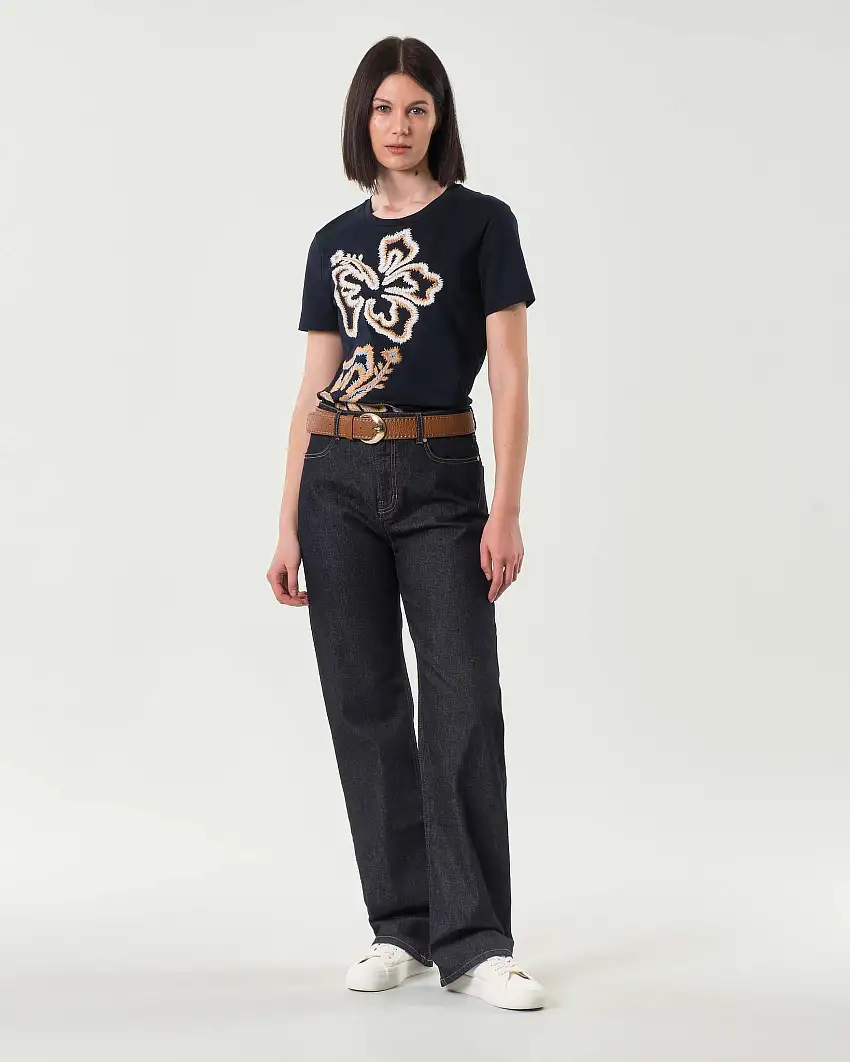 Jeans wide-leg lavaggio scuro in cotone stretch a vita alta con impunture a contrasto