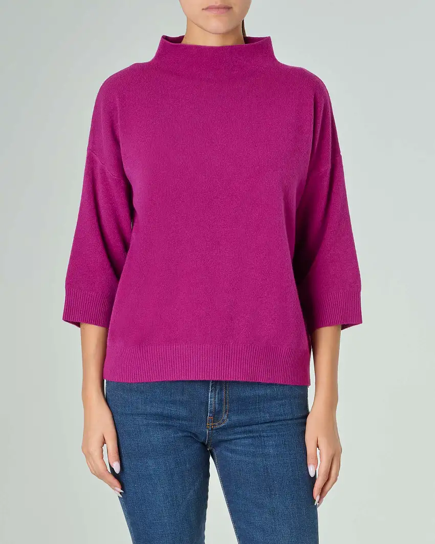 Maglia color ciclamino in misto viscosa panno stoffa con maniche tre quarti e collo alto