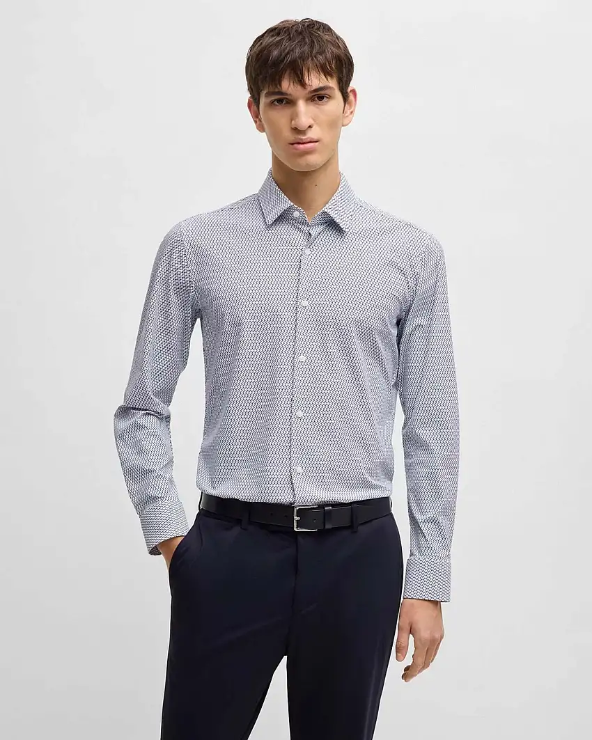 Camicia Hank slim-fit bianca a fantasia cerchietto blu in tessuto tecnico stretch con colletto Kent