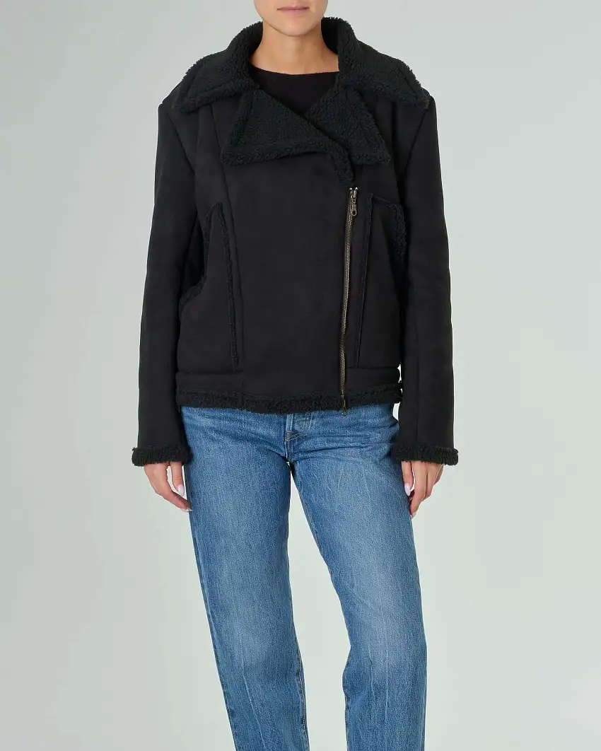 Chiodo nero in tessuto effetto montone con chiusura a cerniera laterale