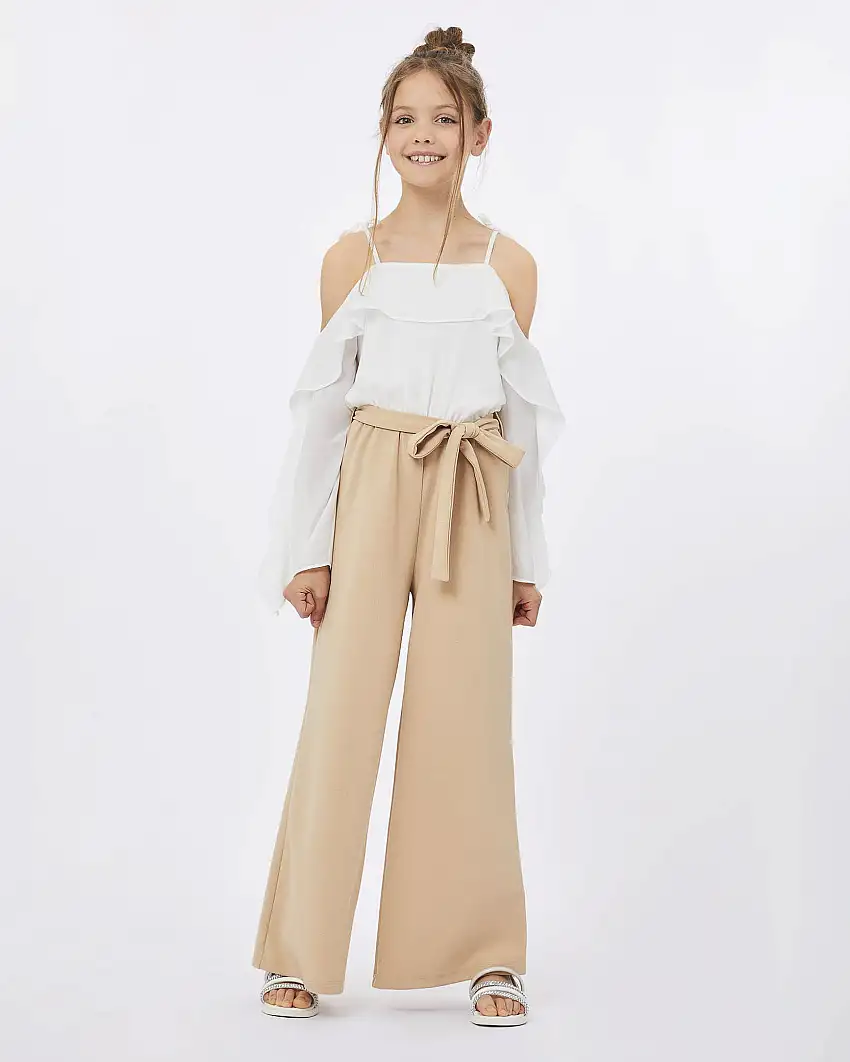 Abito tuta bicolore bianca e beige in cady con volant