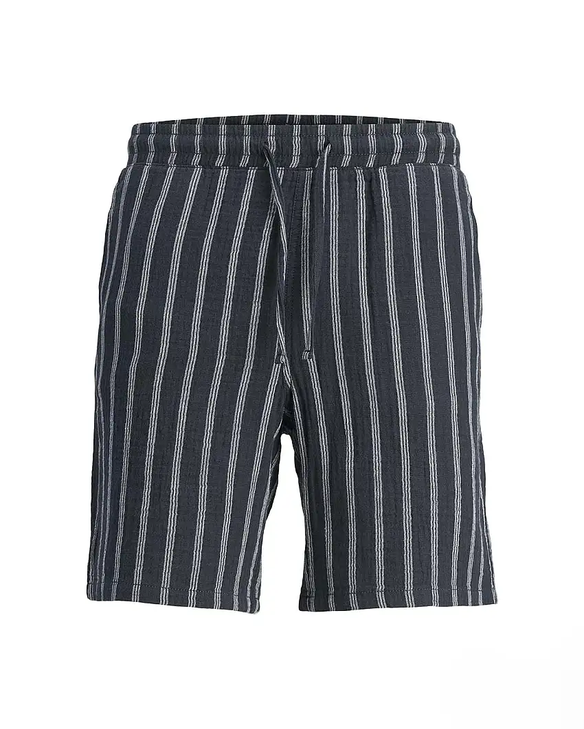 Bermuda Jaiden blu a righe bianche in tessuto goffrato di puro cotone con coulisse in vita