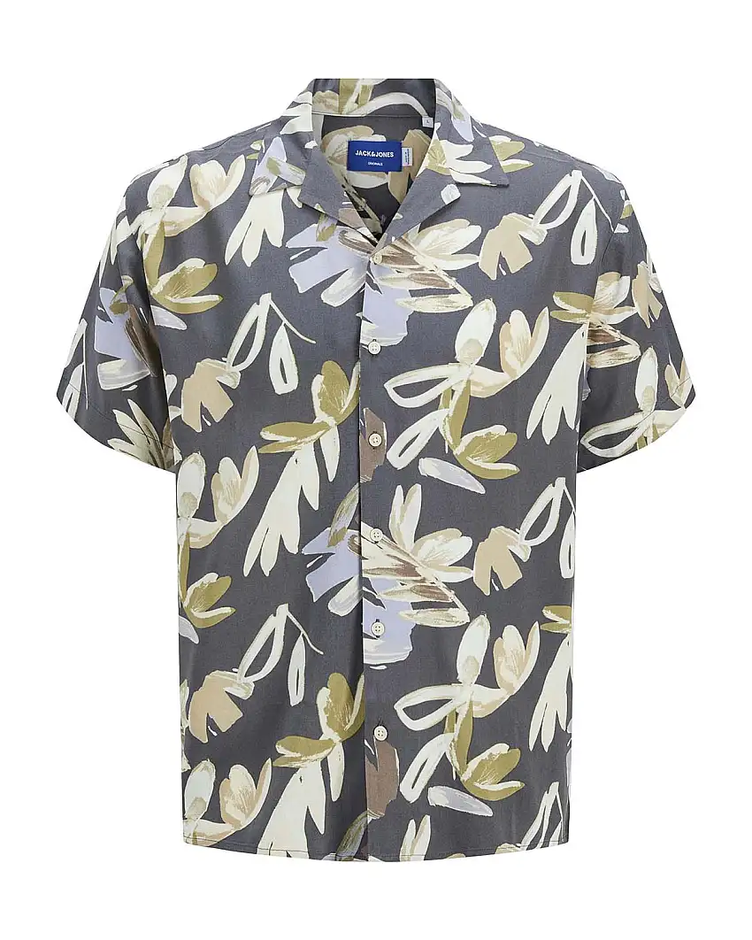 Camicia bowling a mezze maniche antracite a fantasia floreale azzurra e verde militare in viscosa