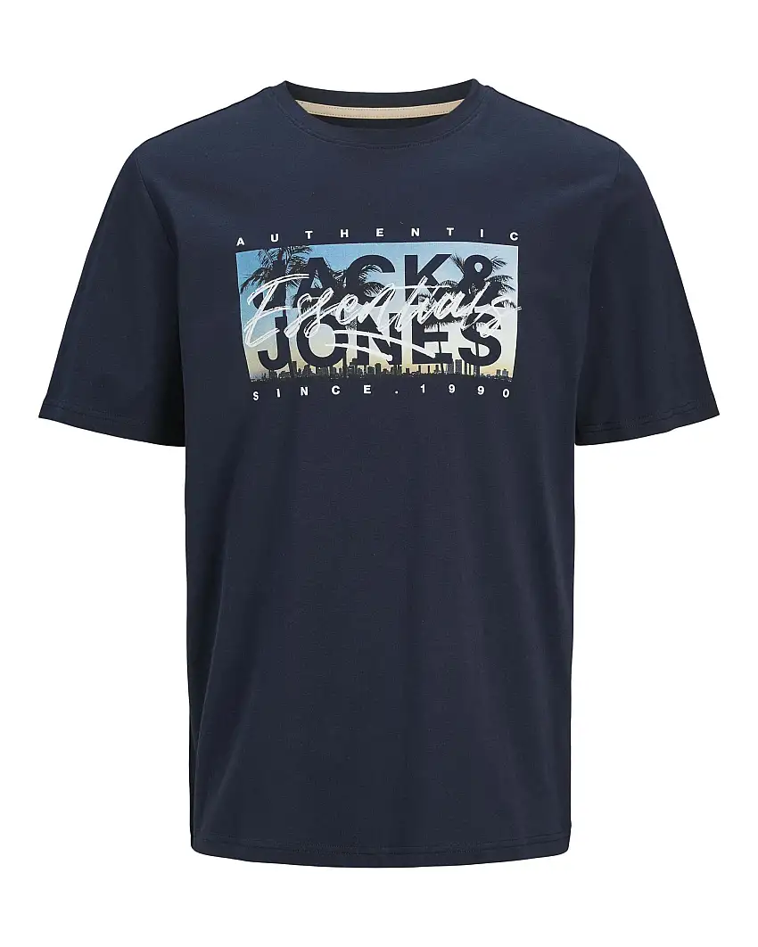 T-shirt blu in jersey di puro cotone con stampa fotografica frontale