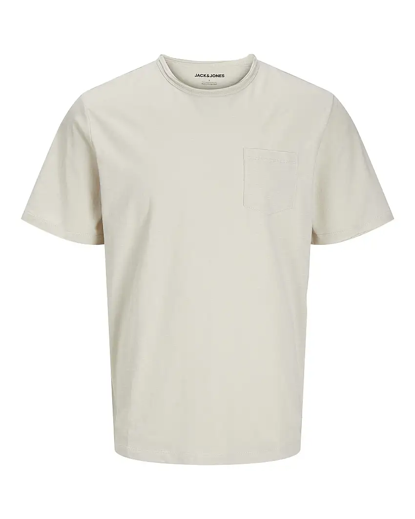 T-shirt beige mezza manica in jersey di puro cotone con taschino applicato sul petto e scollo taglio vivo