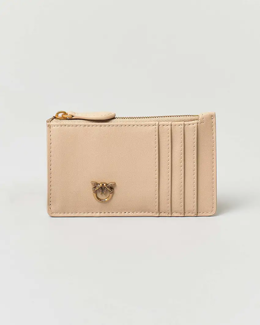 Porta carte di credito beige in pelle con fibbia Lover Birds dorata