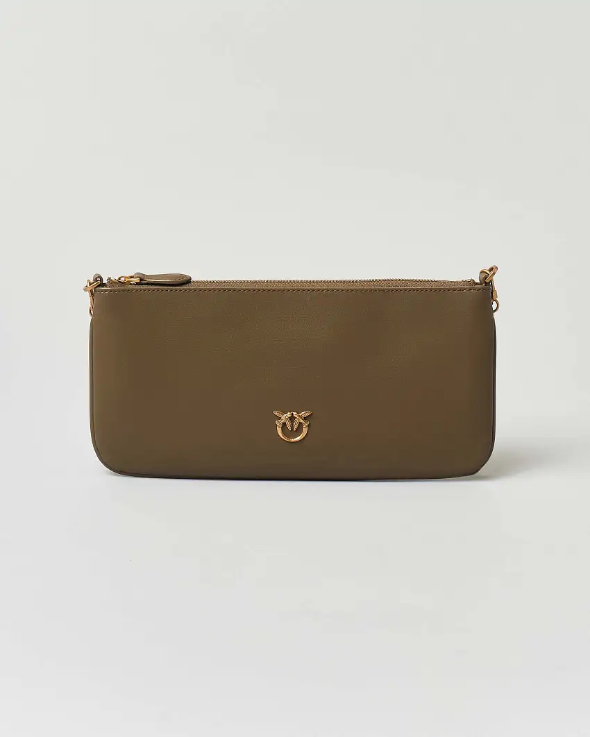 Pochette flat verde oliva dalla linea allungata in pelle mano con placchetta Love Birds oro