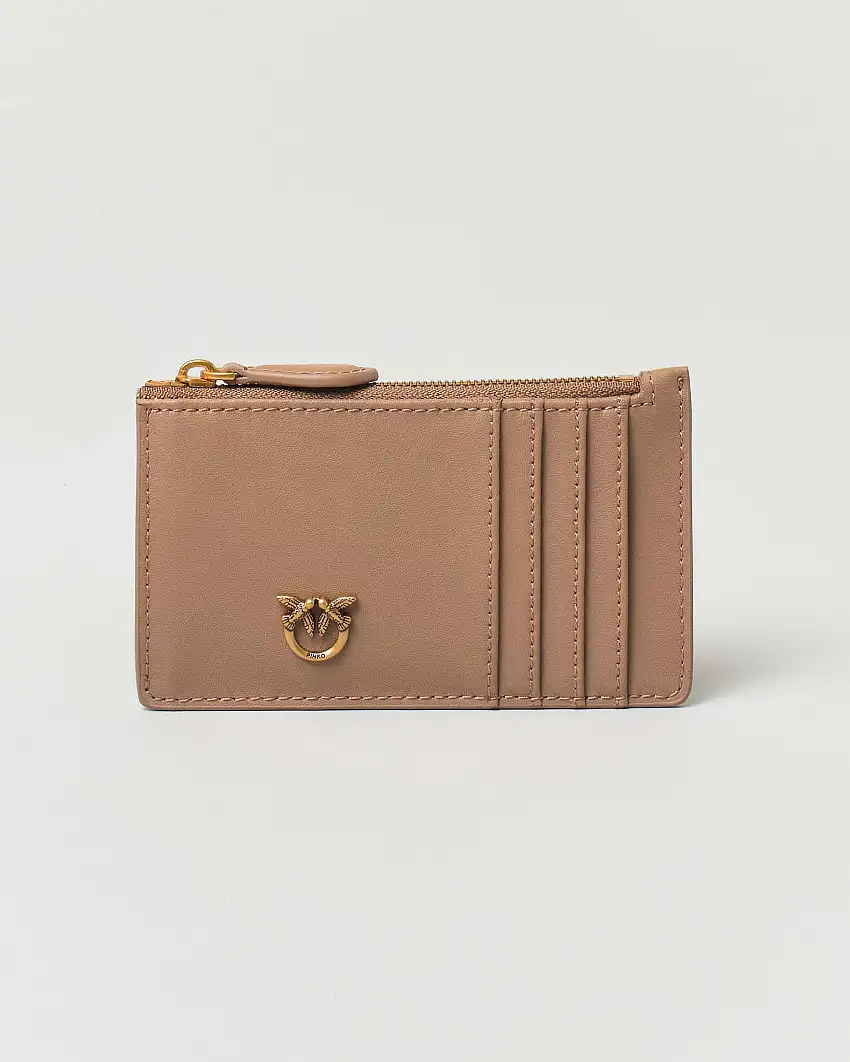 Porta carte di credito color cammello in pelle con fibbia Lover Birds dorata
