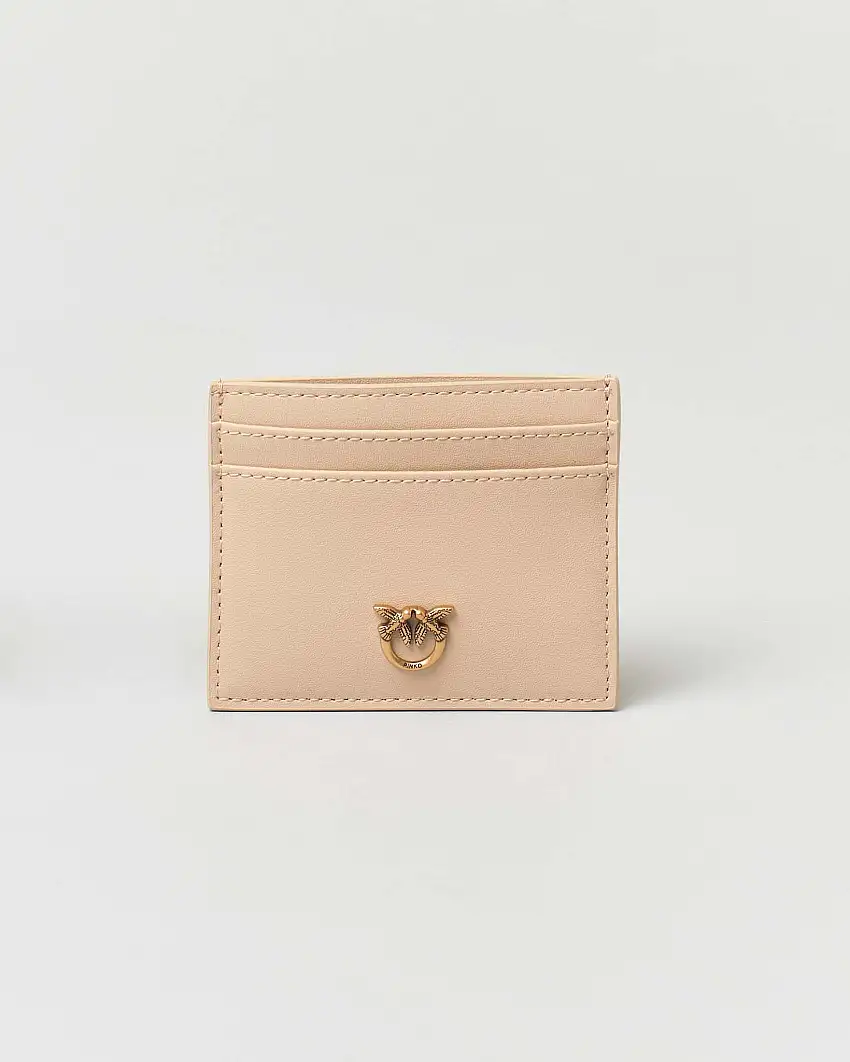 Porta carte di credito beige in pelle mano seta con taschina e fibbia Love Birds dorata