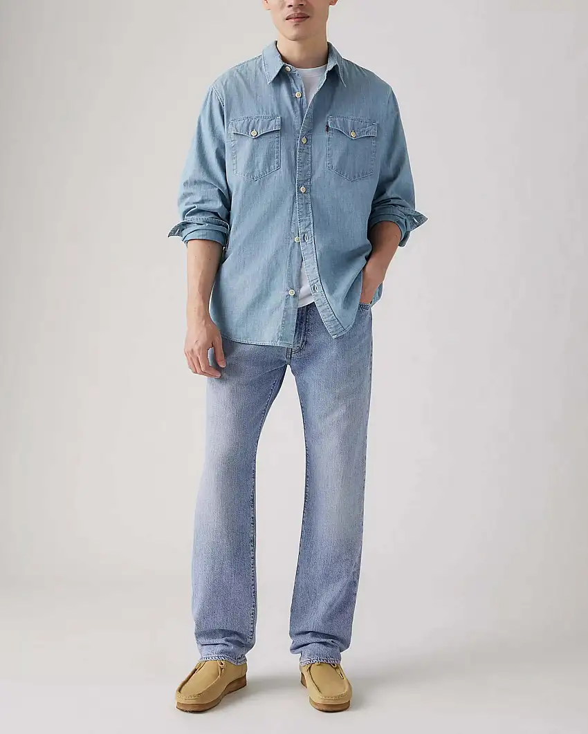 Jeans 555 Relaxed Straight lavaggio chiaro super stone washed in cotone e lino