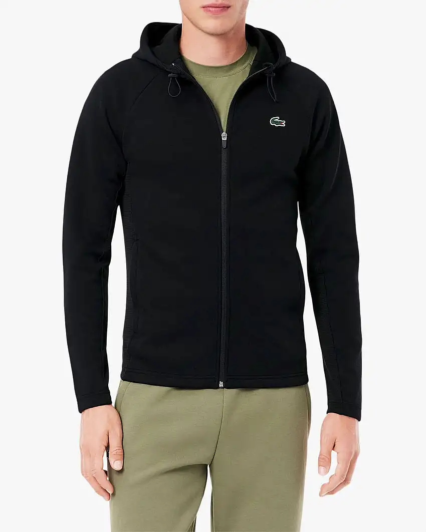 Felpa Lacoste nera con cappuccio e chiusura zip con inserti in mesh